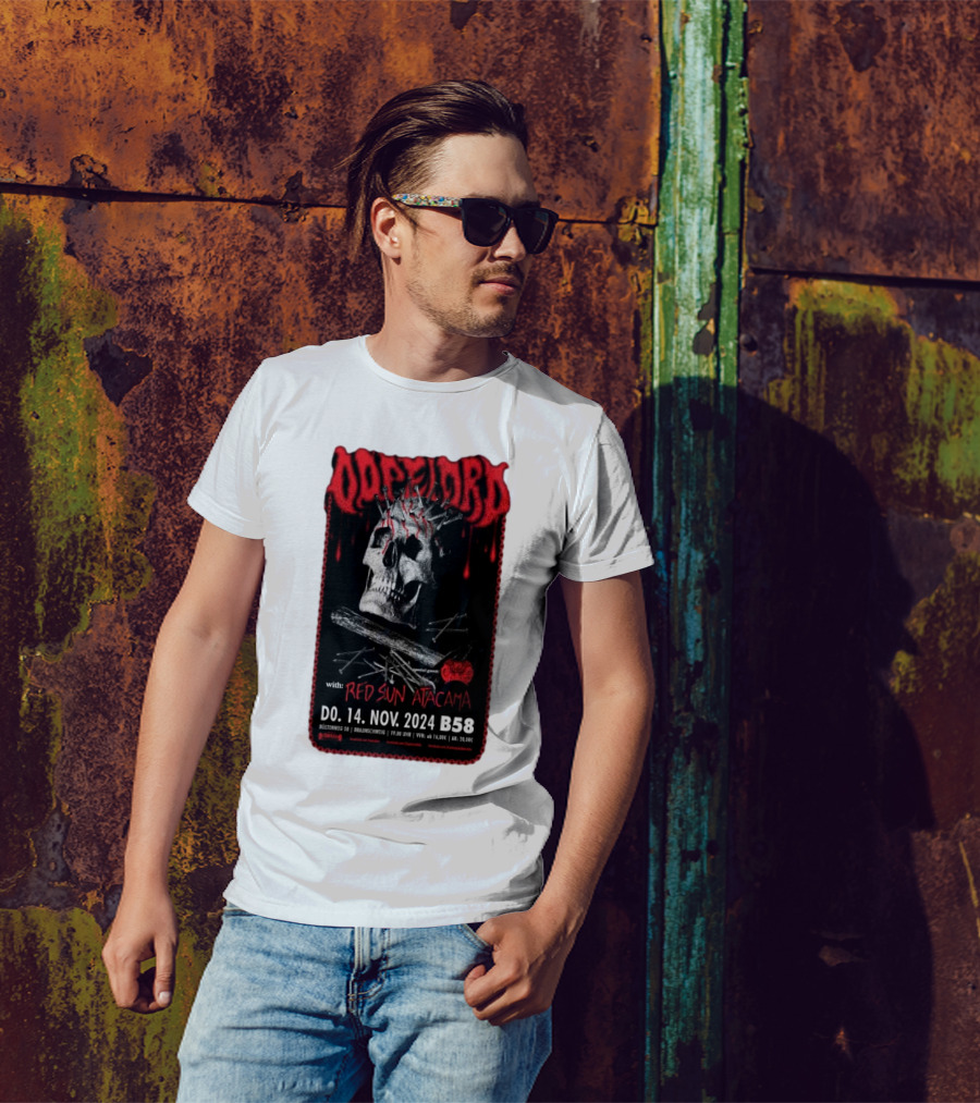 Dopelord With Red Sun Atacama Nov 14 2024 Jugendzentrum B58 Braunschweig Germany Skull Nails Cross Icons T-Shirt