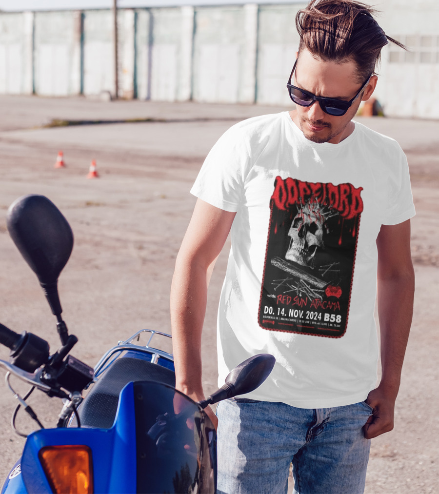 Dopelord With Red Sun Atacama Nov 14 2024 Jugendzentrum B58 Braunschweig Germany Skull Nails Cross Icons T-Shirt