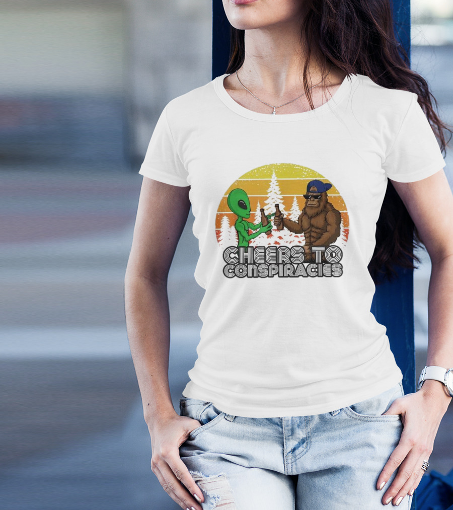 Alien And Bigfoot Cheers To Conspiracies In Retro Sunset Forest T-Shirt
