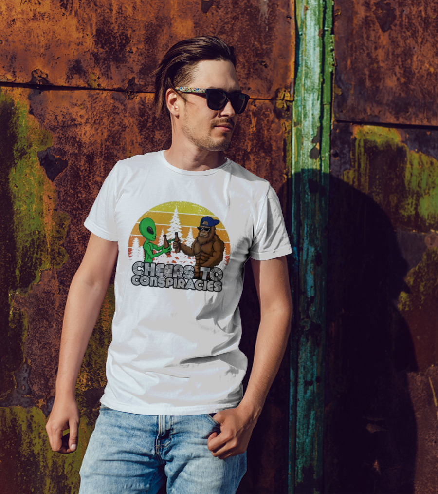Alien And Bigfoot Cheers To Conspiracies In Retro Sunset Forest T-Shirt