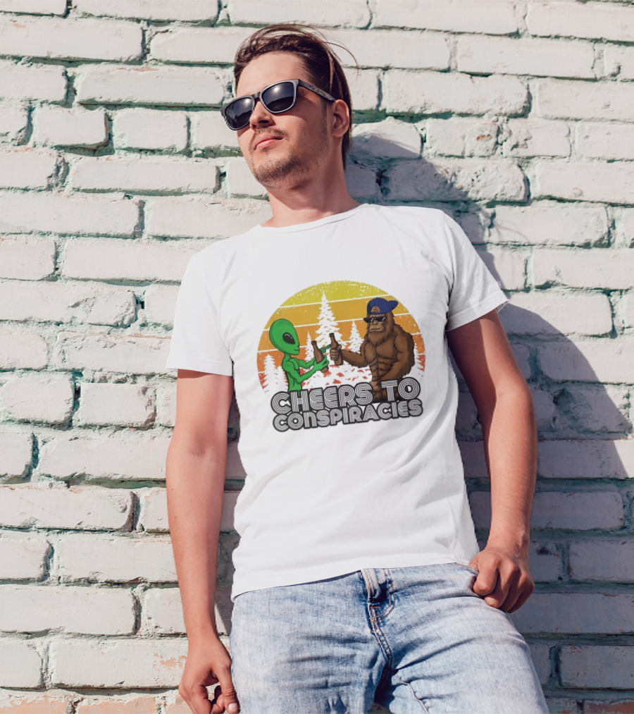 Alien And Bigfoot Cheers To Conspiracies In Retro Sunset Forest T-Shirt