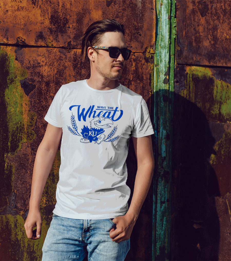 Kansas Jayhawks KU Wave The Wheat With Mascot And Wheat Stalks T-Shirt