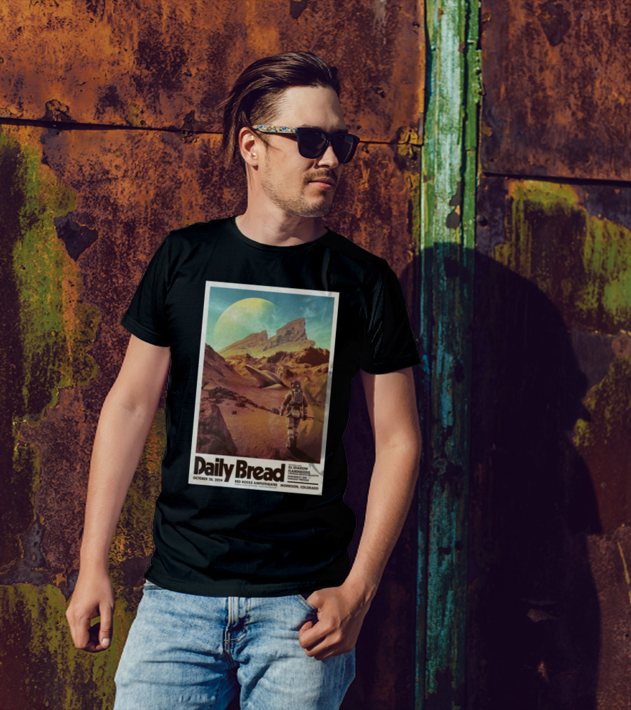 Daily Bread DJ Shadow Flamingosis Red Rocks Amphitheatre Morrison Colorado October 26 2024 Astronaut Desert Landscape T-Shirt