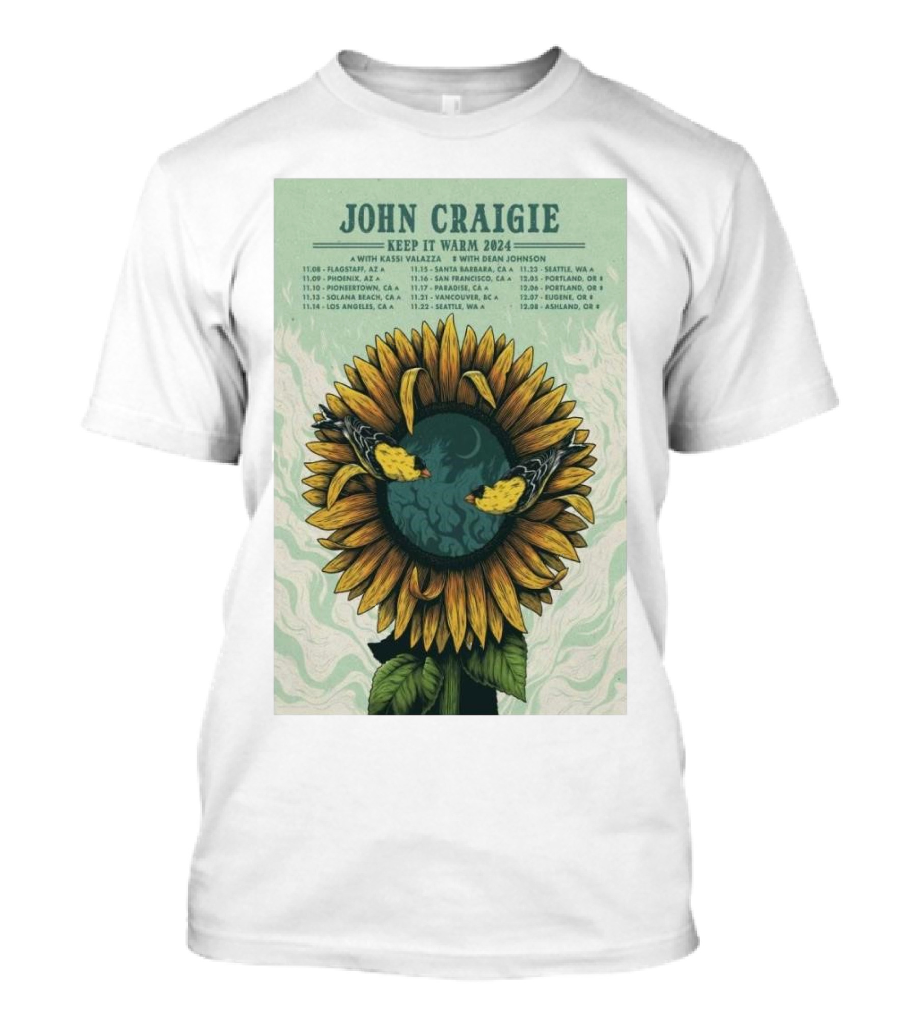 John Craigie Keep It Warm 2024 Tour With Kassi Valazza And Dean Johnson Sunflower Poster With Tour Dates T-Shirt