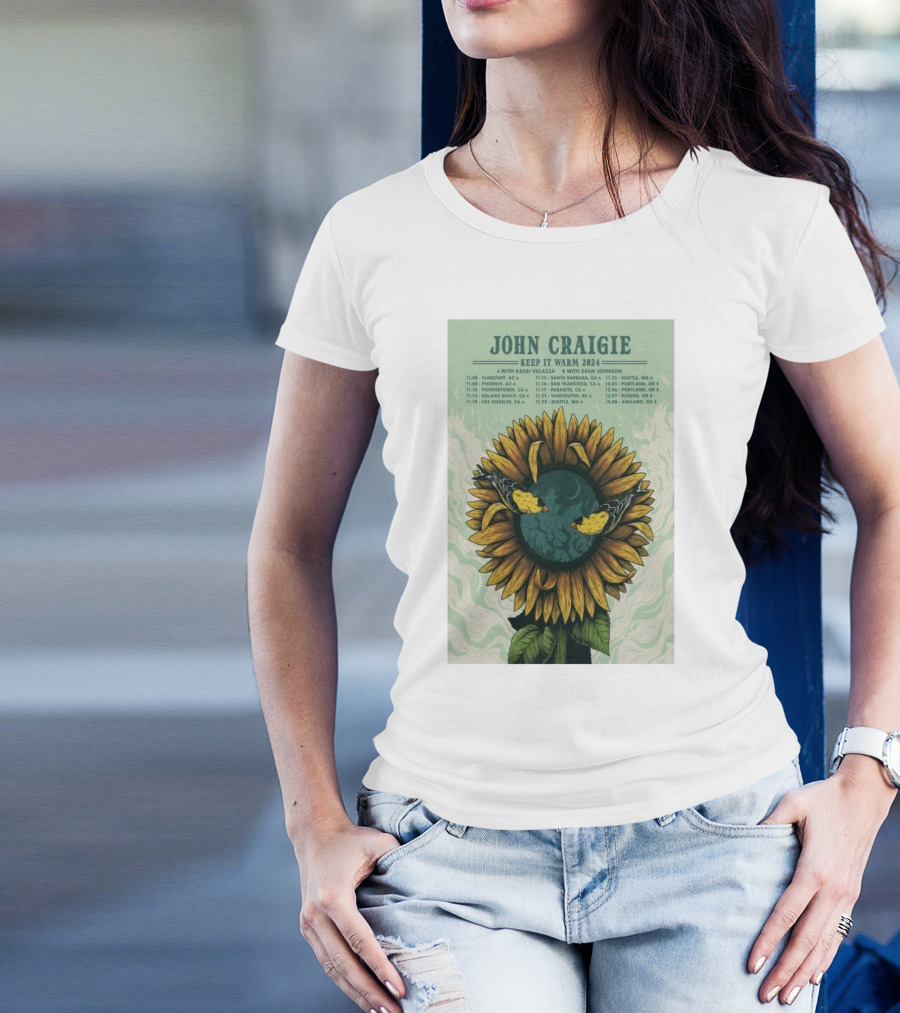 John Craigie Keep It Warm 2024 Tour With Kassi Valazza And Dean Johnson Sunflower Poster With Tour Dates T-Shirt