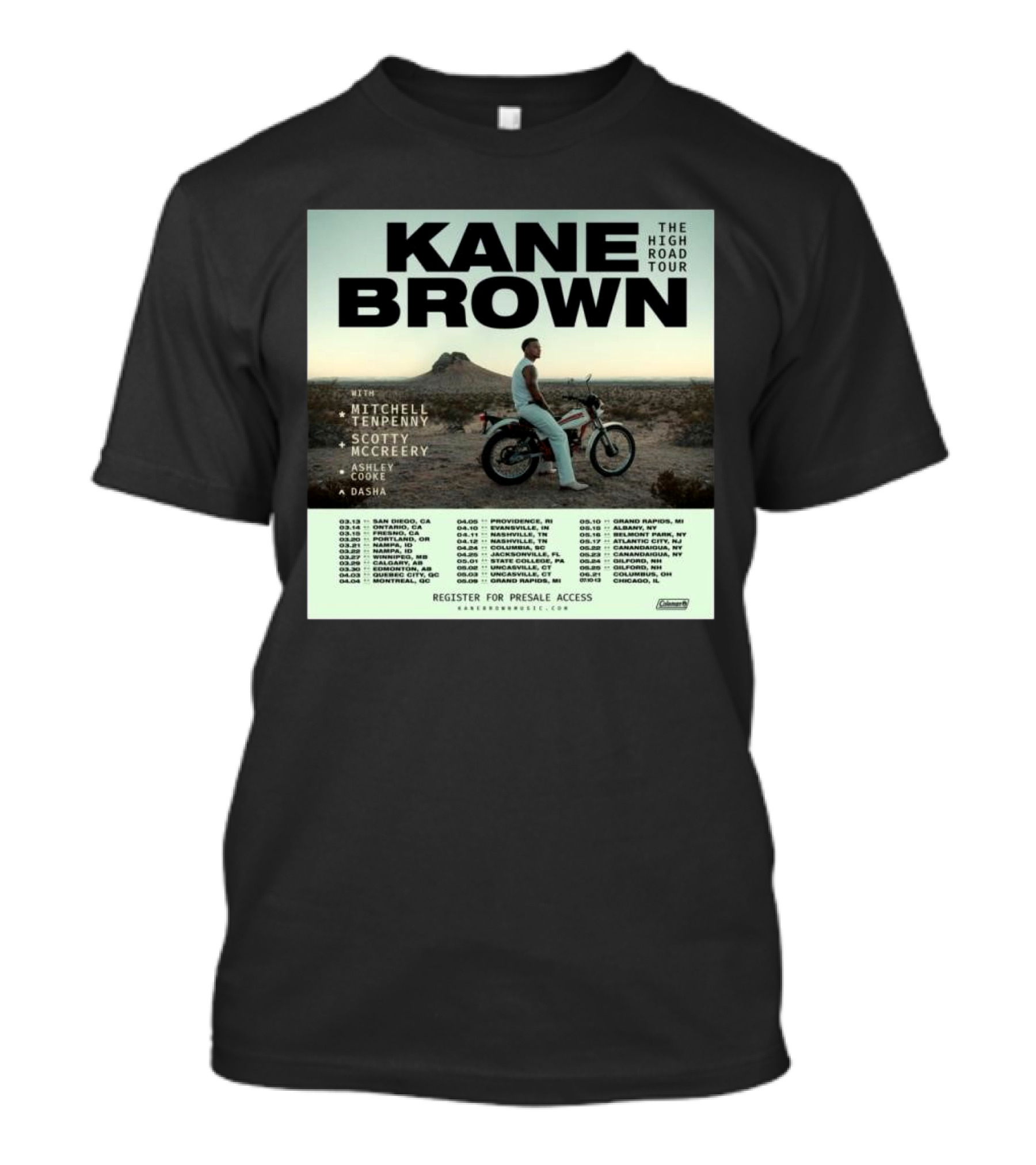 Kane Brown The High Road Tour 2025 Featuring Mitchell Tenpenny Scotty McCreery Ashley Cooke Dasha Tour Dates And Presale Access T-Shirt