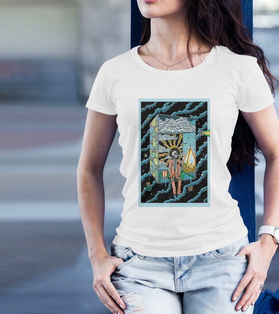 Phil Show 2024 Surreal Skeleton In Striped Suit With Cosmic Rainbow Prism And Illuminated Clouds T-Shirt