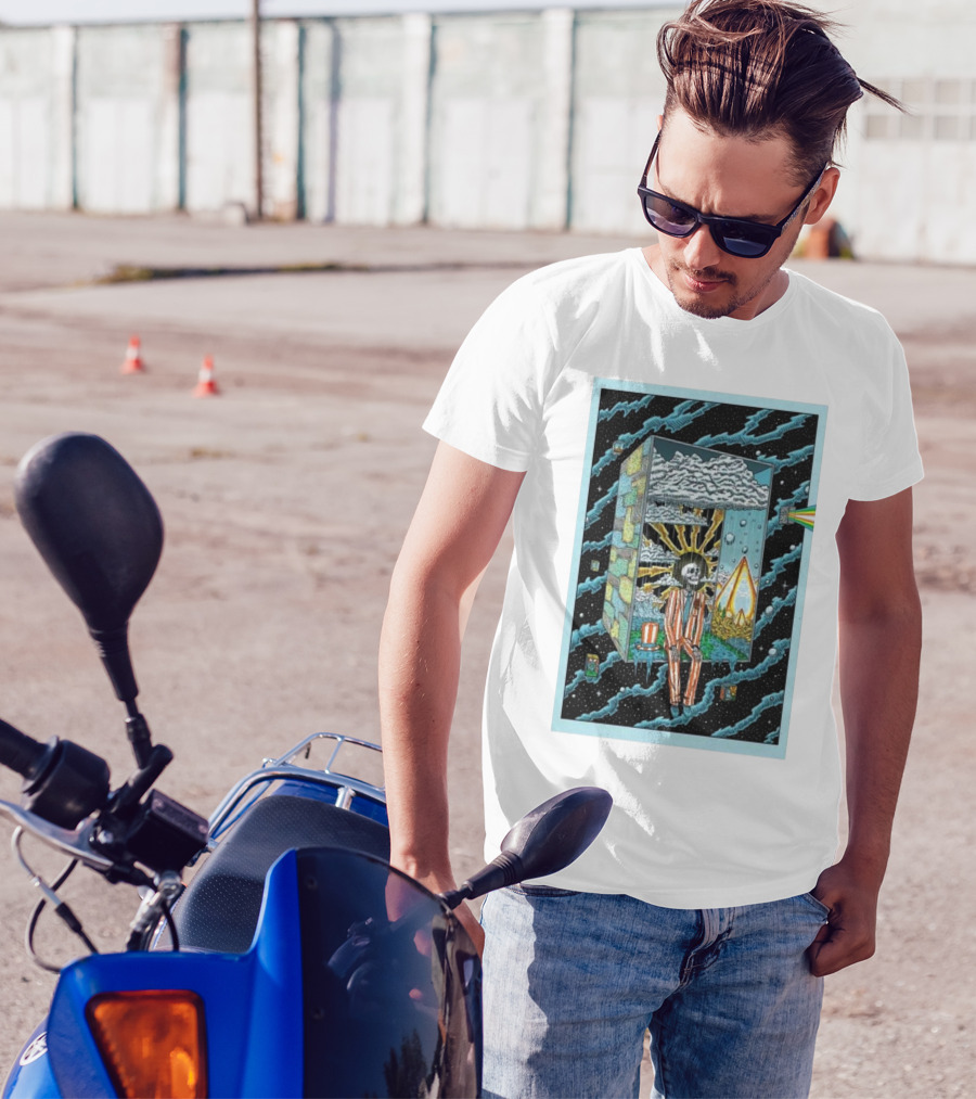Phil Show 2024 Surreal Skeleton In Striped Suit With Cosmic Rainbow Prism And Illuminated Clouds T-Shirt