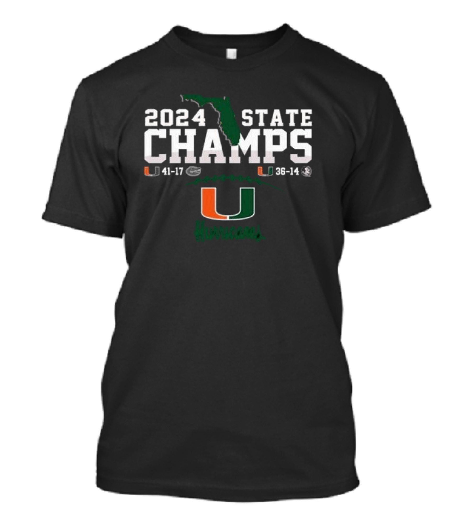 2 Sided Miami Hurricanes 2024 State Champs 41-17 36-14 T-Shirt