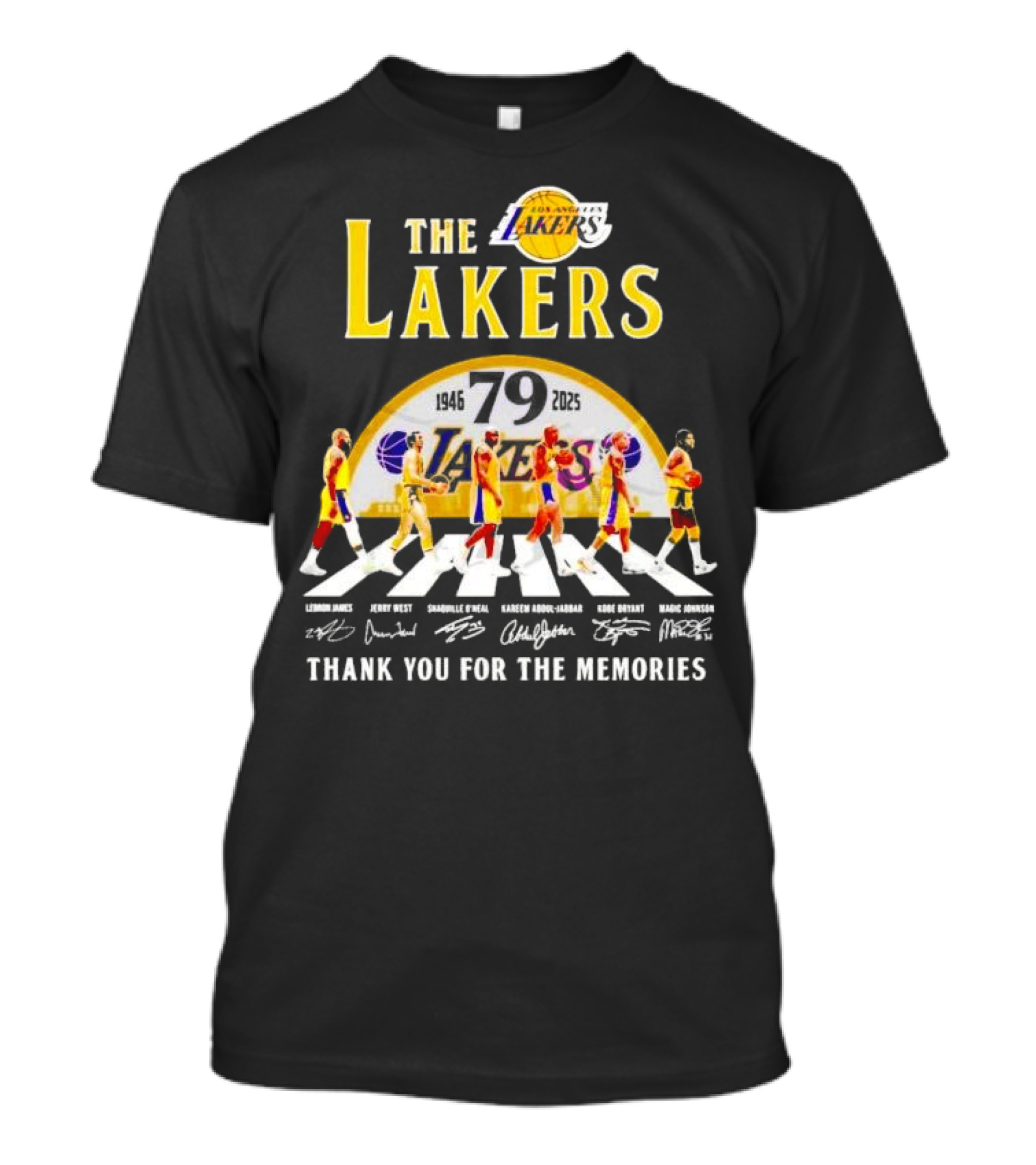 Los Angeles Lakers 79th Anniversary 1946-2025 Thank You For The Memories Abbey Road LeBron James Jerry West Shaquille O'Neal Kareem Abdul-Jabbar Kobe Bryant Magic Johnson T-Shirt