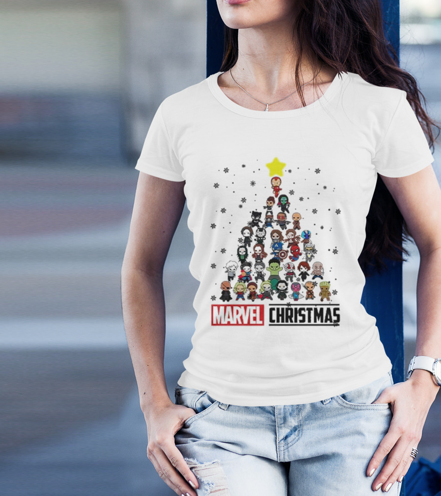 Marvel Christmas Chibi Avengers Characters Tree T-Shirt