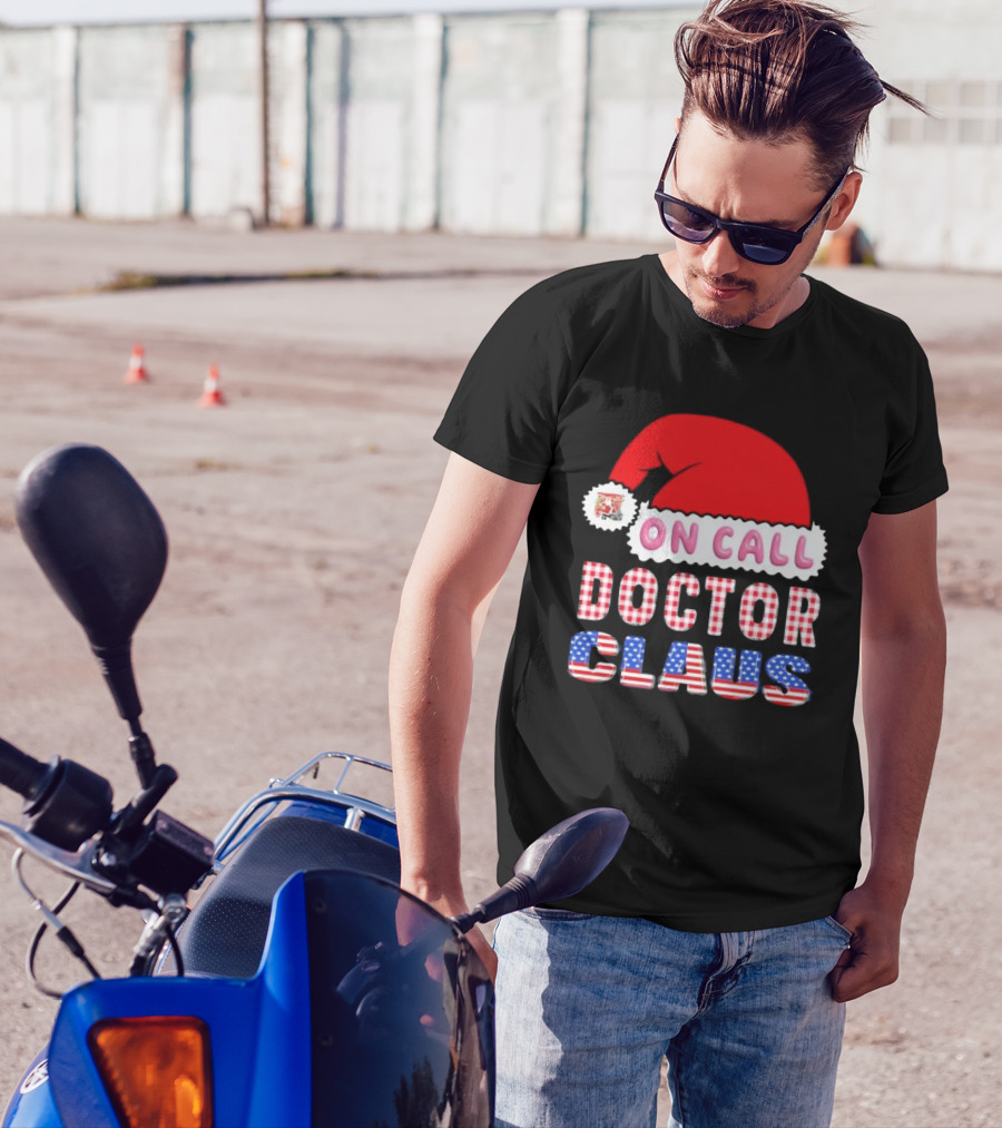 Doctor Claus On Call Christmas Santa Hat American Flag T-Shirt