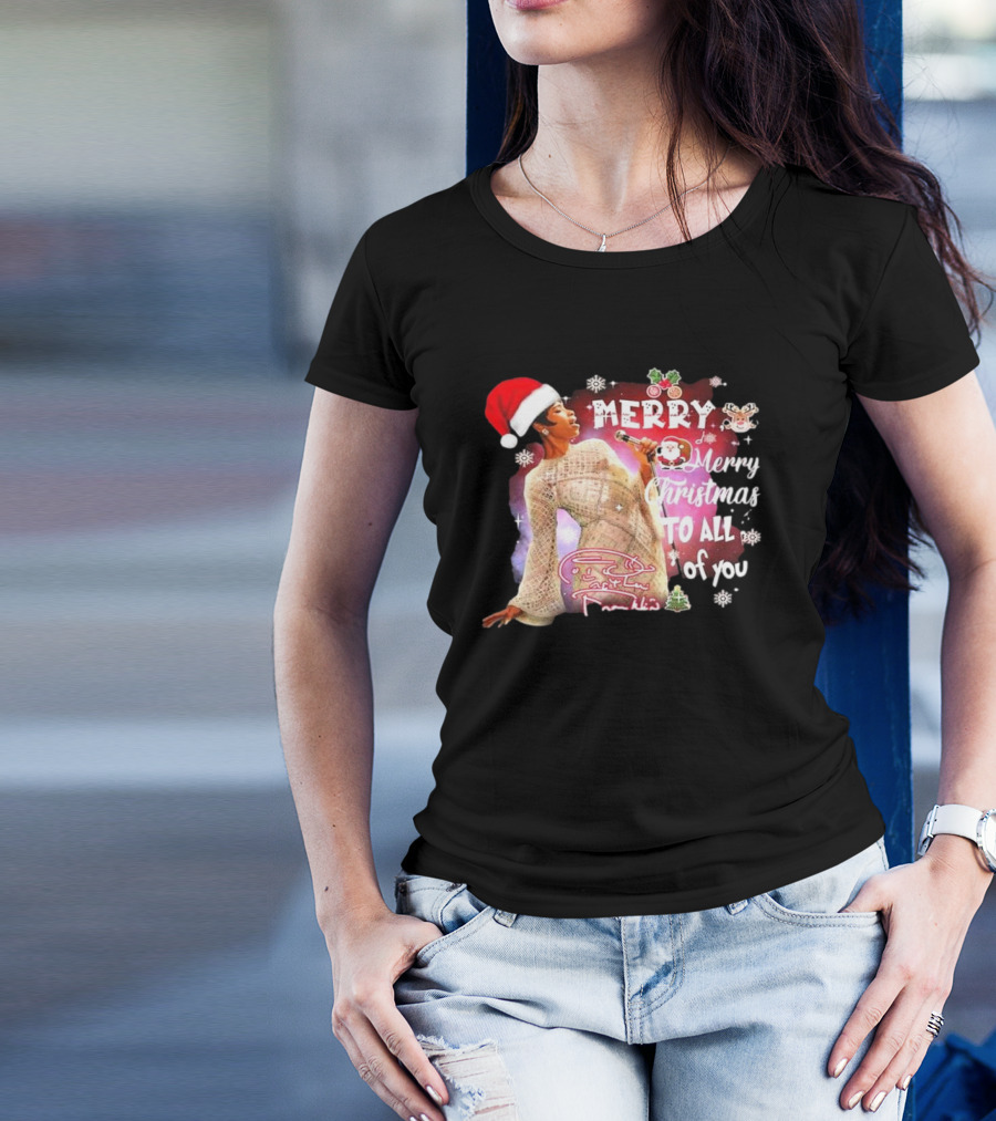 Aretha Franklin Merry Christmas To All Of You Santa Hat Snowflakes T-Shirt