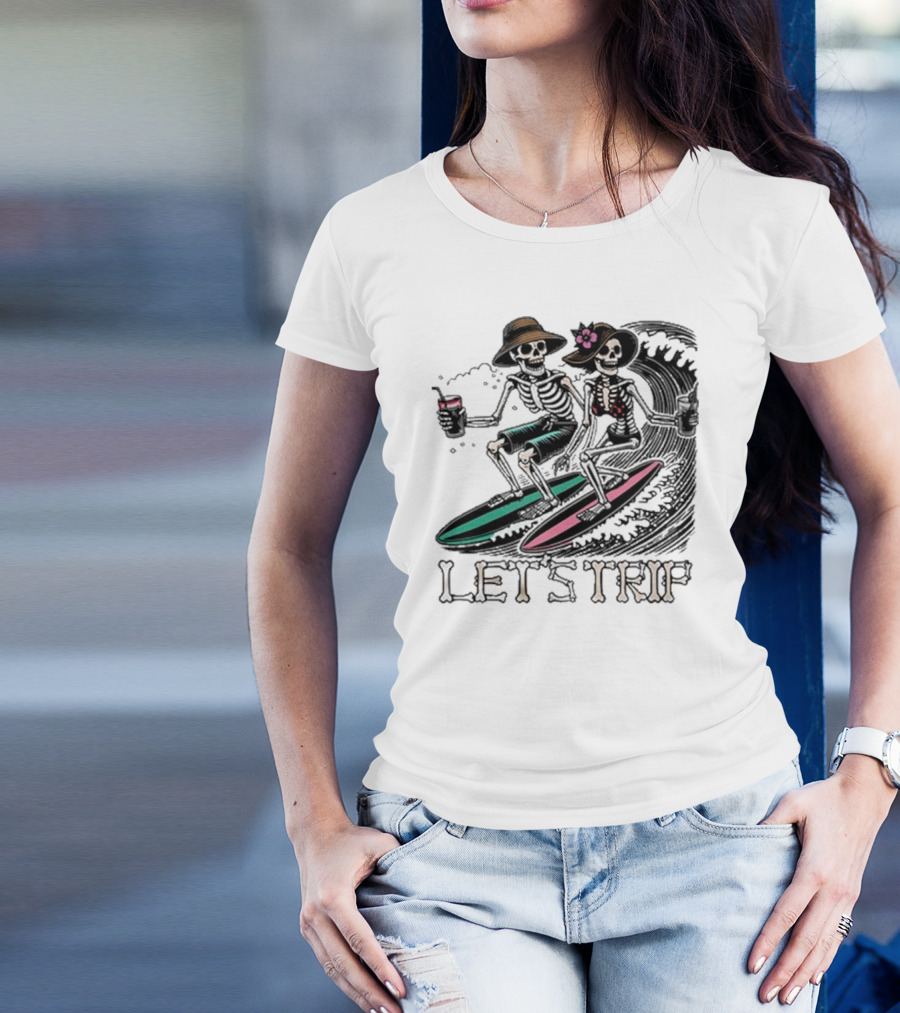 Let’s Trip Skeleton Surf Beach Vibes Retro Skeletons Surfing Waves T-Shirt