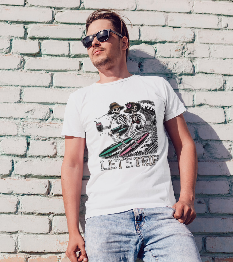 Let’s Trip Skeleton Surf Beach Vibes Retro Skeletons Surfing Waves T-Shirt
