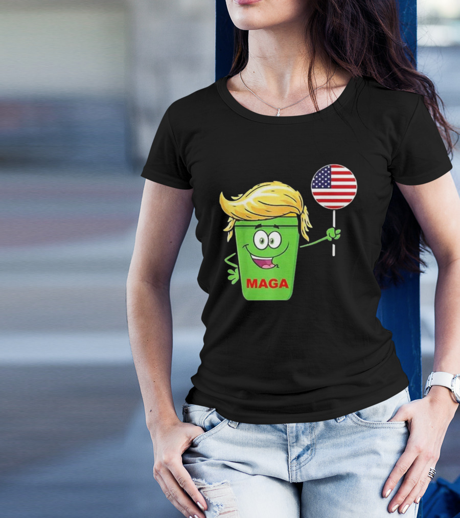 Funny Trump MAGA Cartoon Garbage Can Holding American Flag T-Shirt
