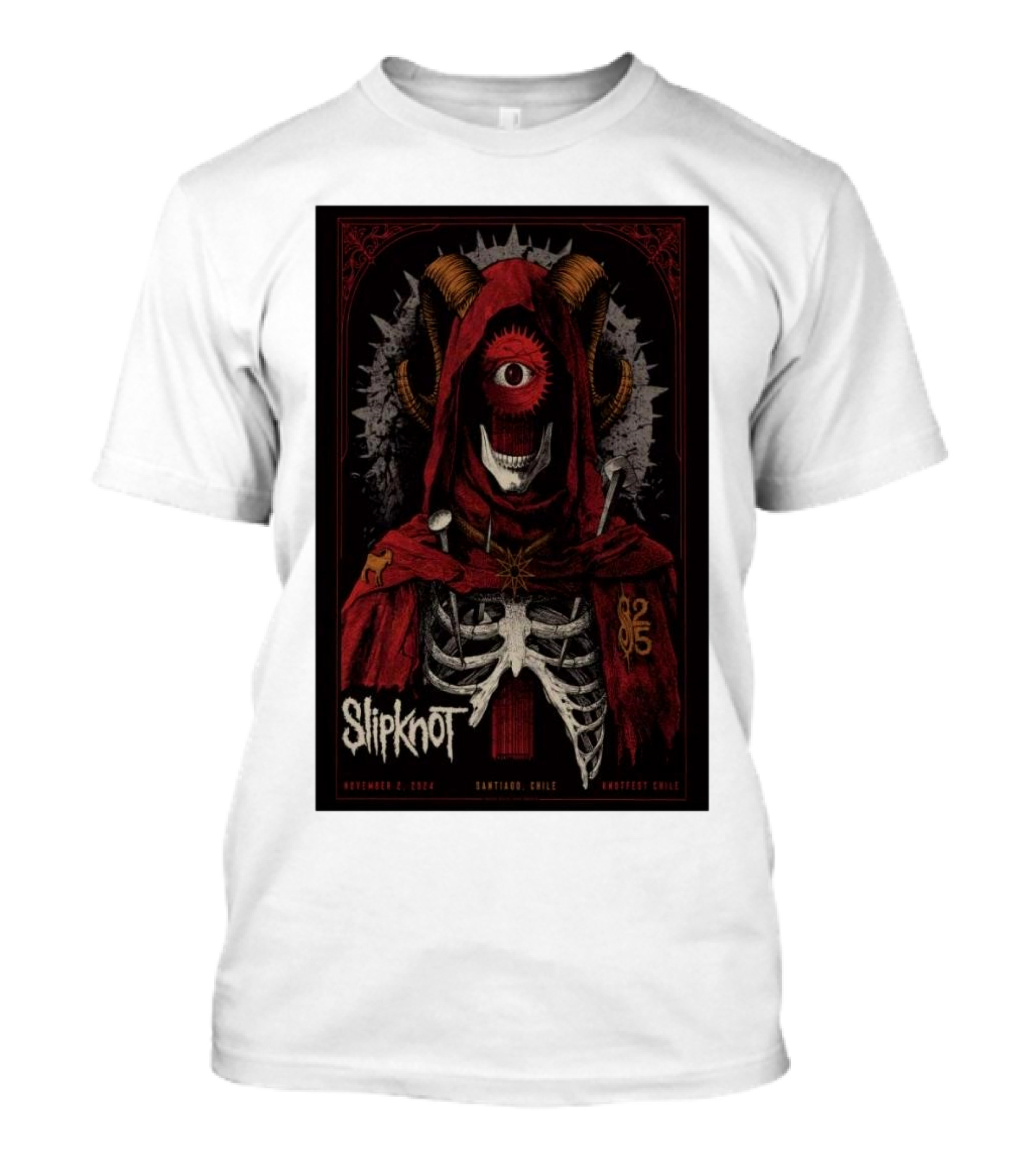 Slipknot Estadio Nacional Santiago Chile November 2 2024 Event Skeleton Hooded Figure Eye Horns T-Shirt