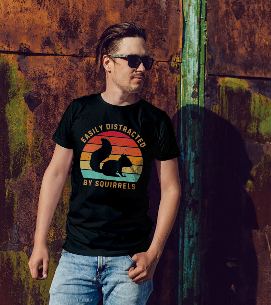 Easily Distracted By Squirrels Justice For Peanuts 2024 Retro Sunset Squirrel T-Shirt