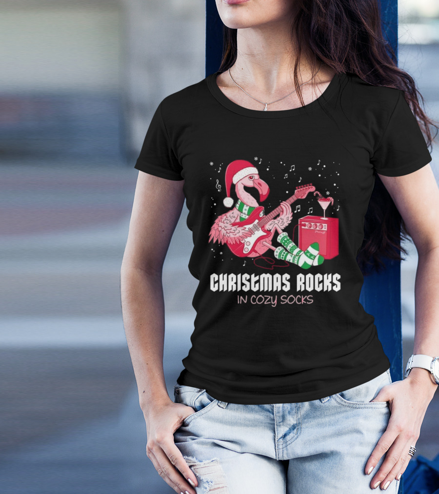 Christmas Rocks In Cozy Socks Flamingo Festive Vibes T-Shirt