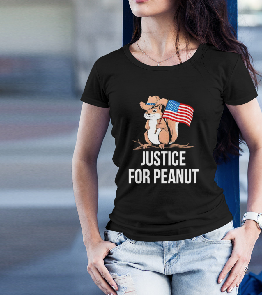 Justice For Peanut Squirrel Holding US Flag In Cowboy Hat T-Shirt