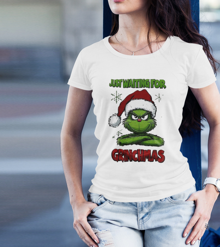 Just Waiting For Grinchmas 2024 Grinch Santa Hat T-Shirt