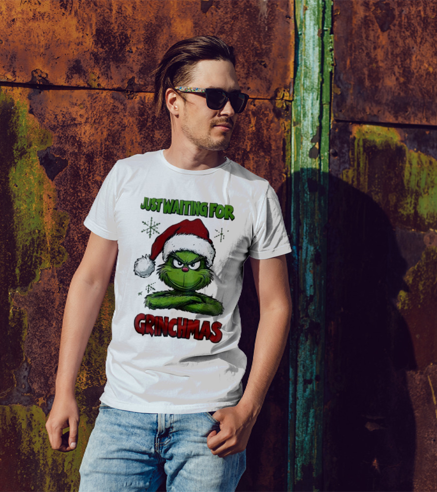 Just Waiting For Grinchmas 2024 Grinch Santa Hat T-Shirt
