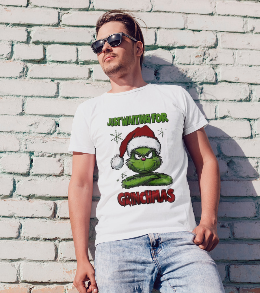 Just Waiting For Grinchmas 2024 Grinch Santa Hat T-Shirt