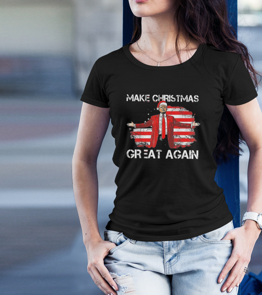 Make Christmas Great Again Santa Funny Trump American Flag Xmas T-Shirt