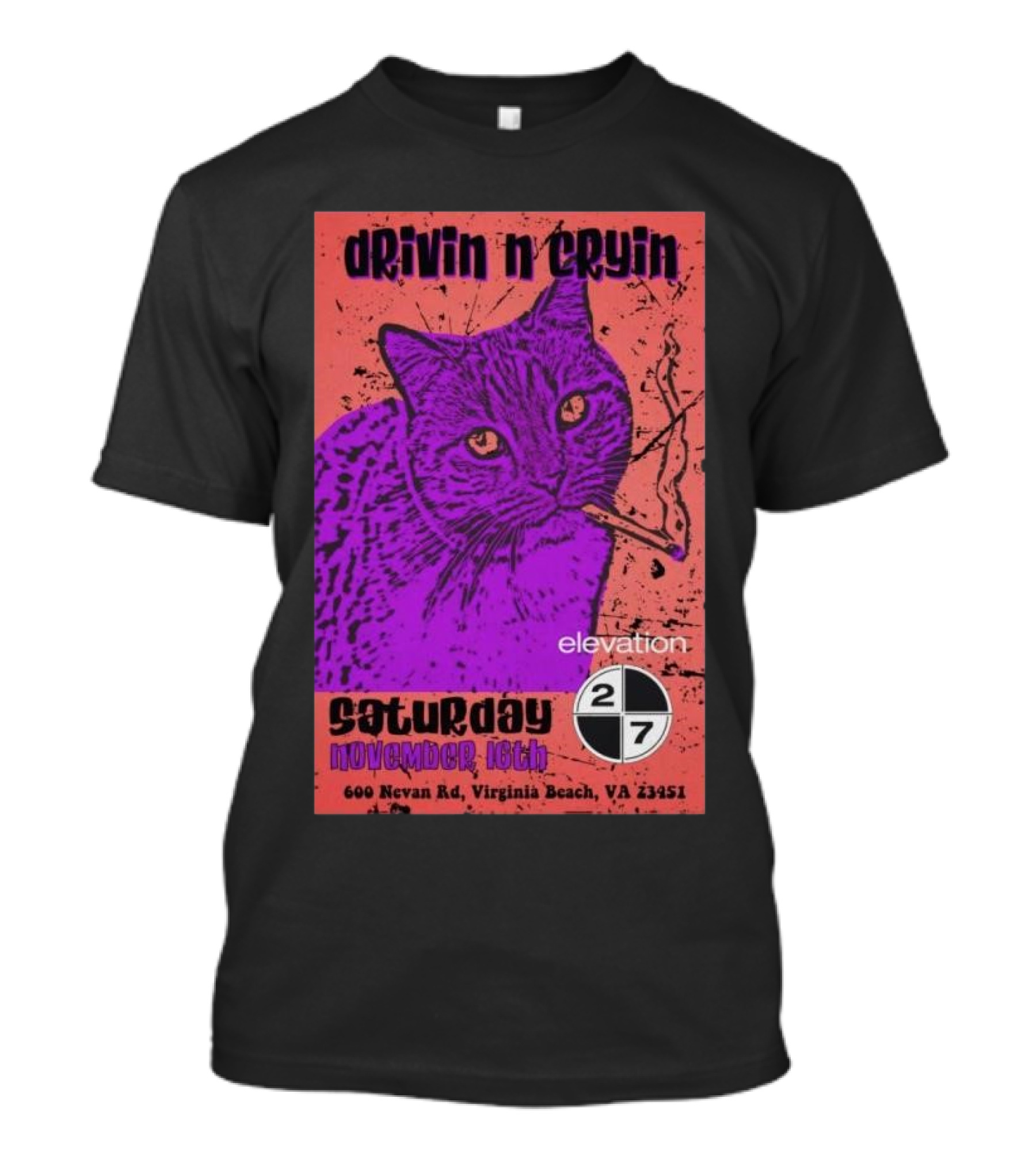 Drivin N Cryin Concert At Elevation 27 Virginia Beach Nov 16th 2024 With Cat Smoking T-Shirt