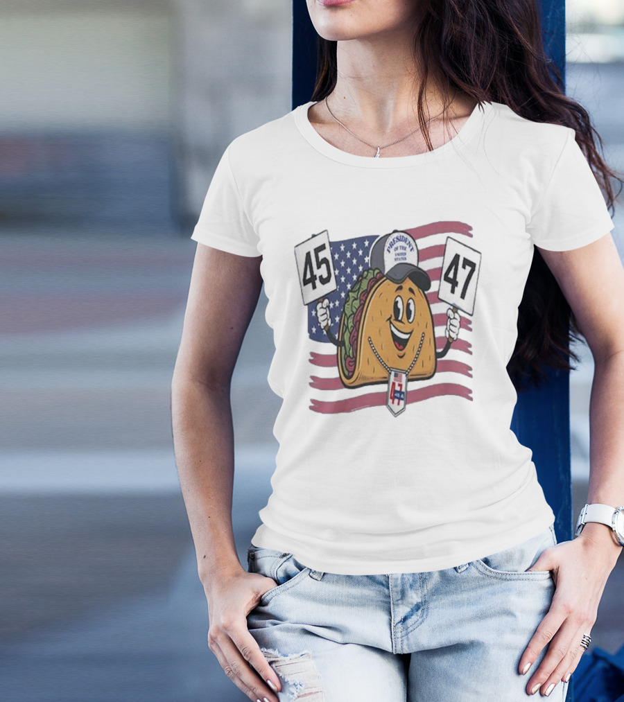 45 47 Trump 2024 Presidents Of The United States Patriotic Taco USA Flag T-Shirt