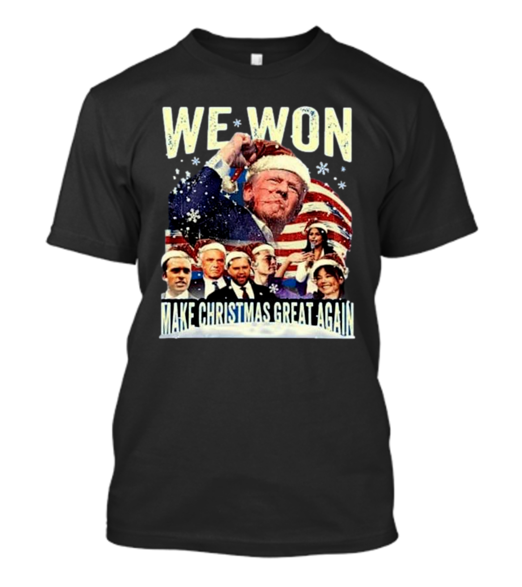 Trump 2024 We Won Make Christmas Great Again Santa Hat Flag Snowflakes T-Shirt