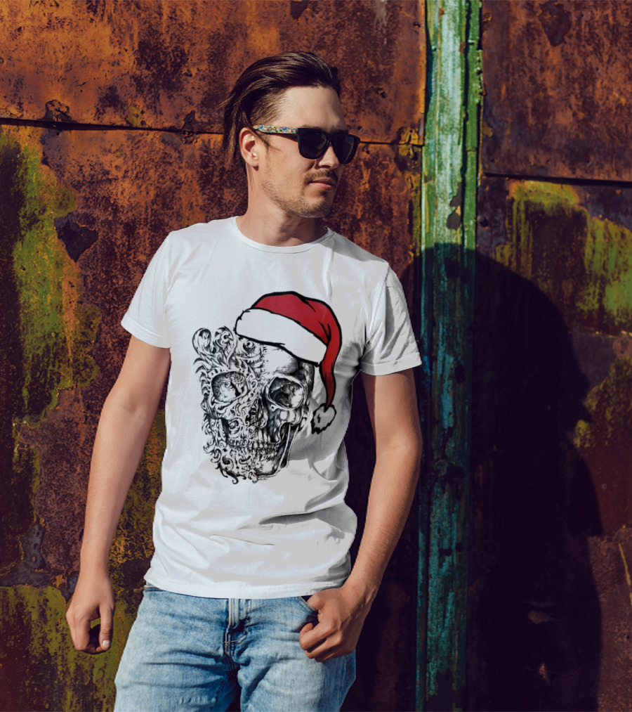 Deck The Halls With Skulls And Bodies Santa Hat Christmas Skull T-Shirt