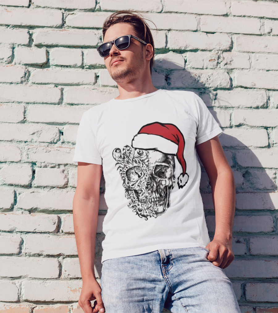 Deck The Halls With Skulls And Bodies Santa Hat Christmas Skull T-Shirt