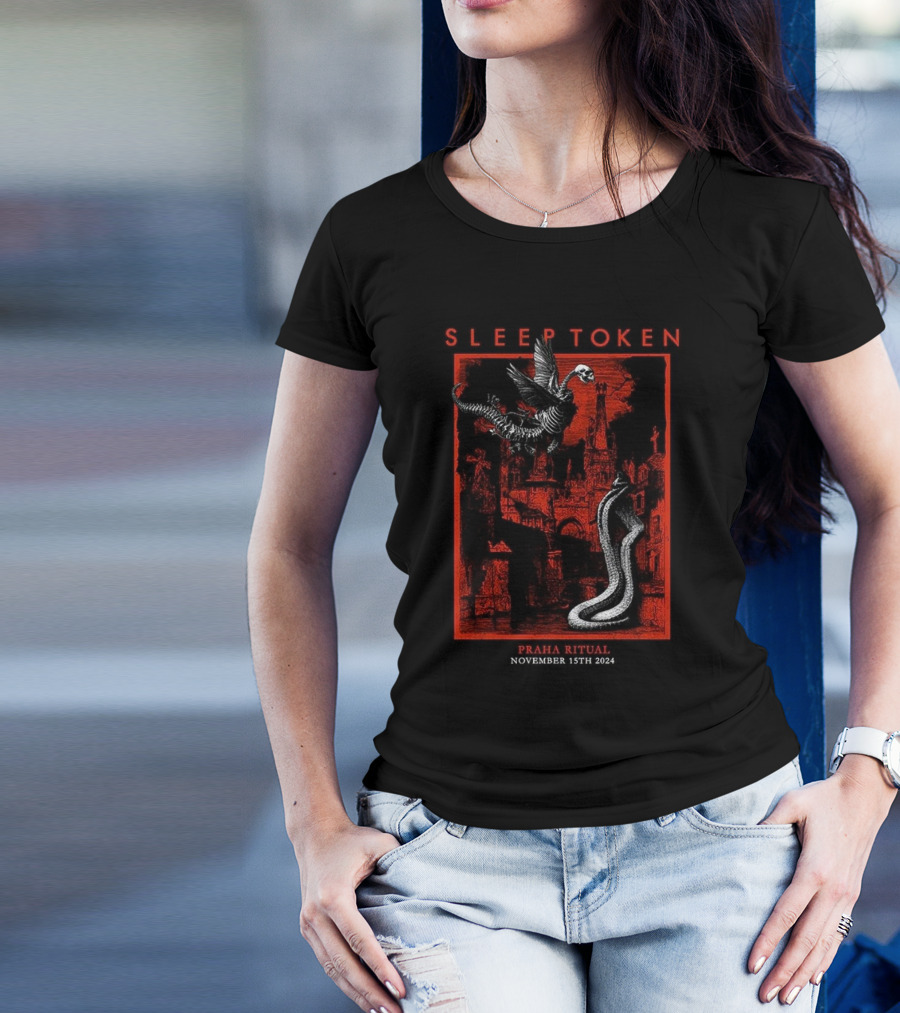 Sleep Token Praha Ritual November 15th 2024 Concert Art With Gothic Cityscape And Skeletal Creatures T-Shirt