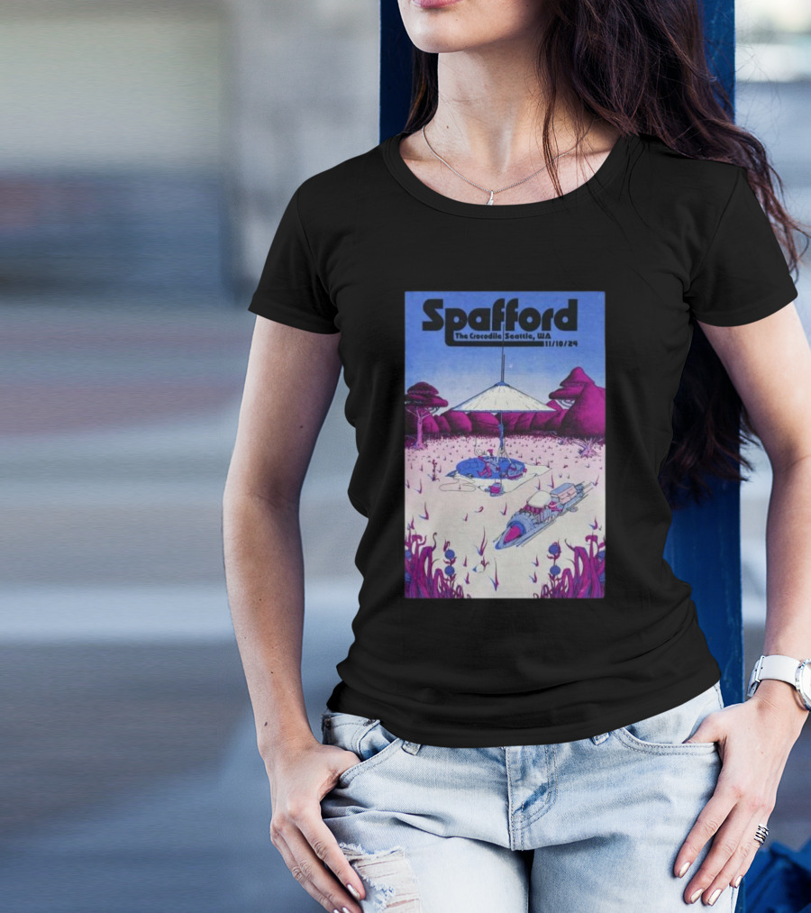 Spafford The Crocodile Seattle WA 11/10/24 Futuristic Landscape With Purple Trees And Spaceships T-Shirt