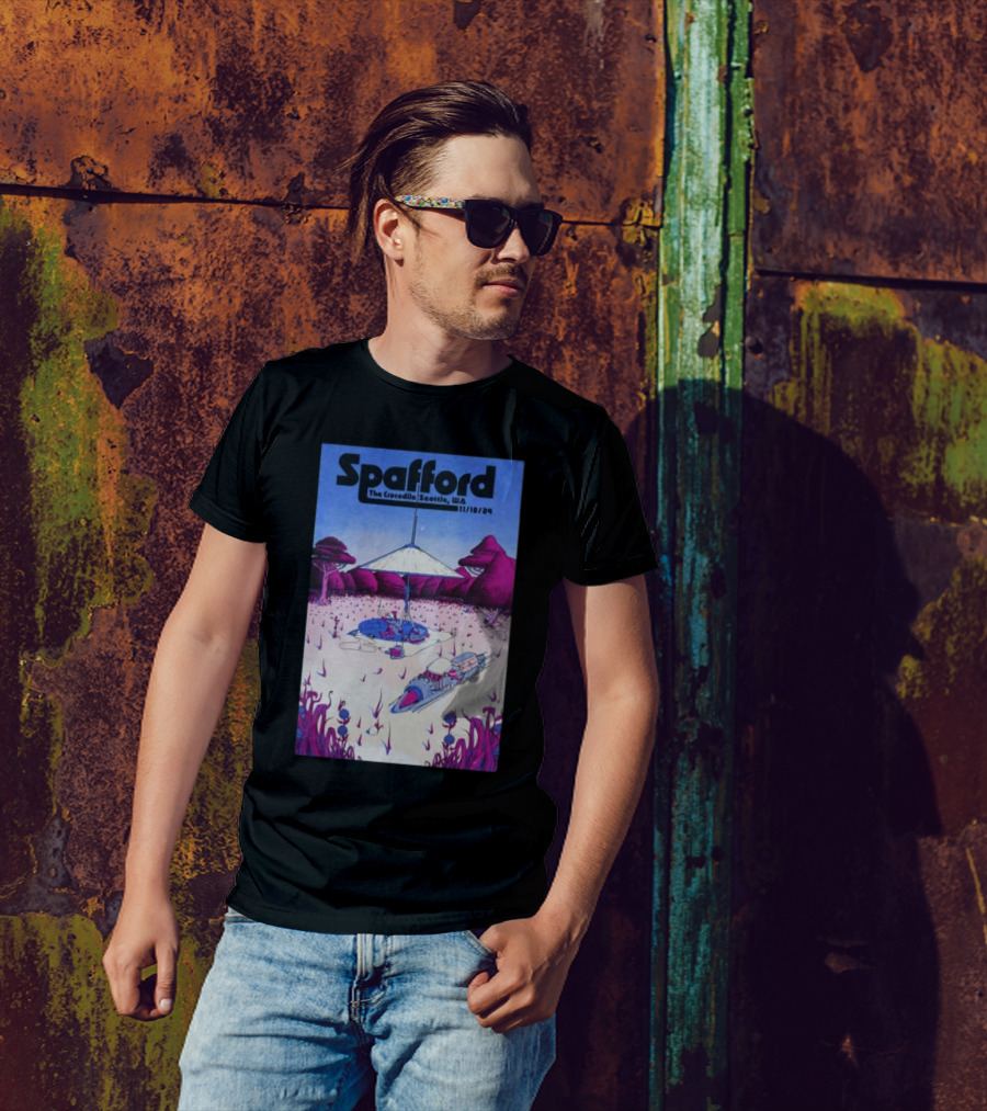 Spafford The Crocodile Seattle WA 11/10/24 Futuristic Landscape With Purple Trees And Spaceships T-Shirt