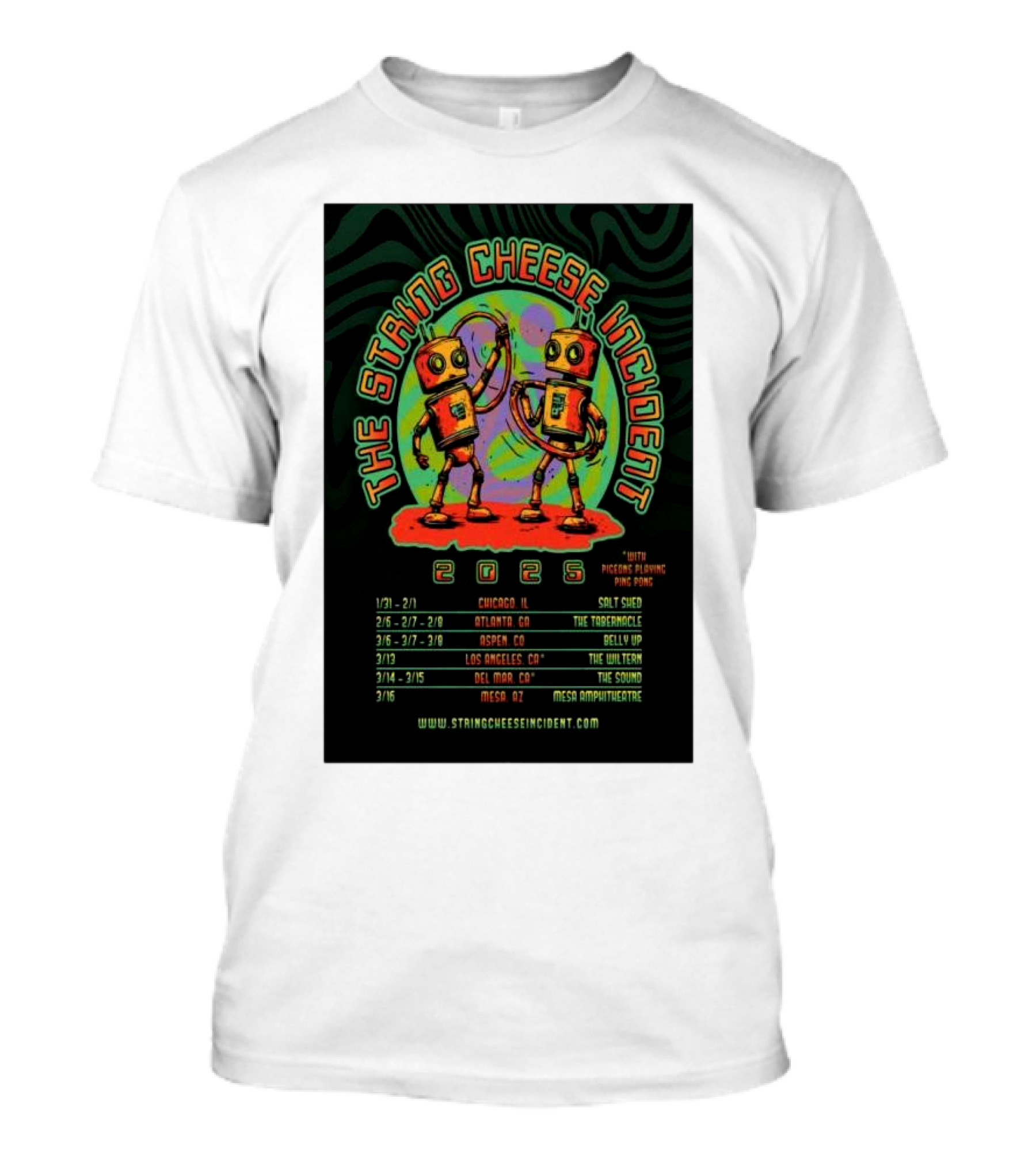 The String Cheese Incident With Pigeons Playing Ping Pong 2025 Tour Dates Chicago Atlanta Aspen Los Angeles Del Mar Mesa T-Shirt