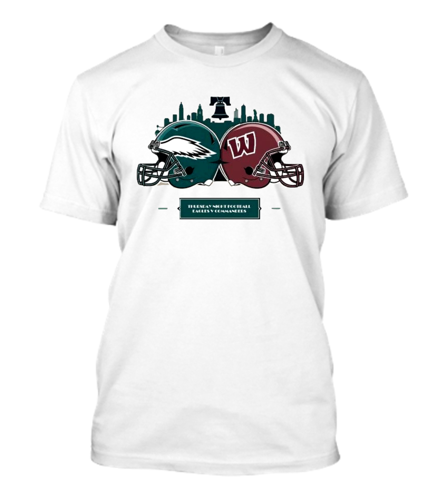 Thursday Night Football Philadelphia Eagles Vs Washington Commanders Helmet Matchup Liberty Bell Skyline T-Shirt