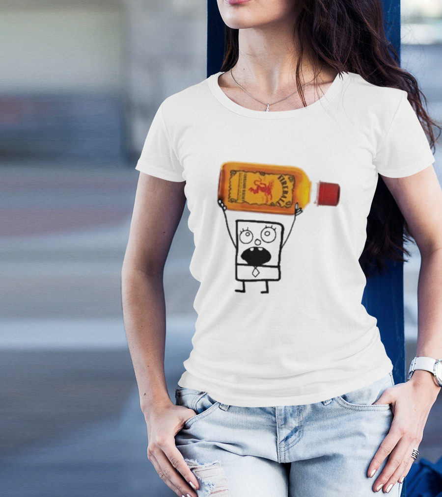 Doodlebob Fireball Whiskey Character Holding Iconic Liquor Bottle T-Shirt