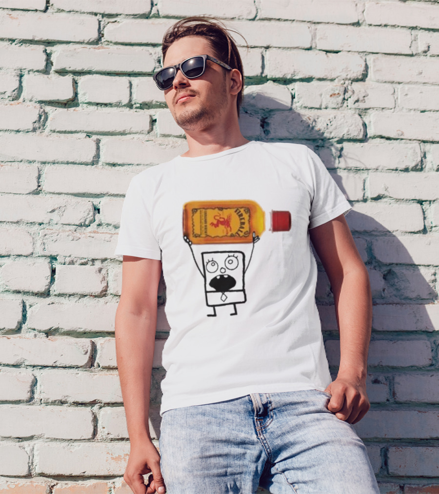 Doodlebob Fireball Whiskey Character Holding Iconic Liquor Bottle T-Shirt