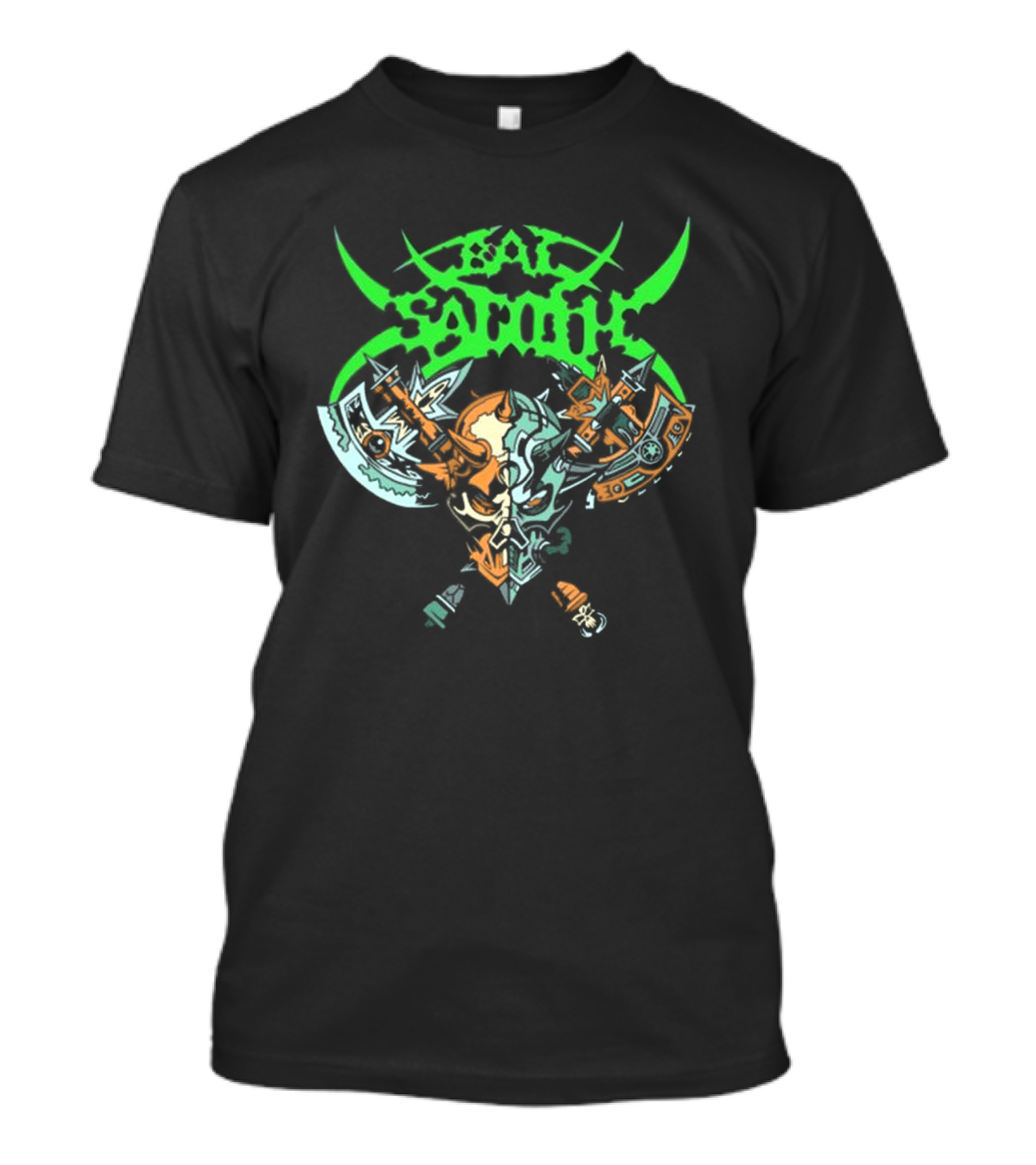 Beyond Human Bal-Sagoth Sigil Skull And Crossed Axes With Tribal Green And Orange Elements T-Shirt