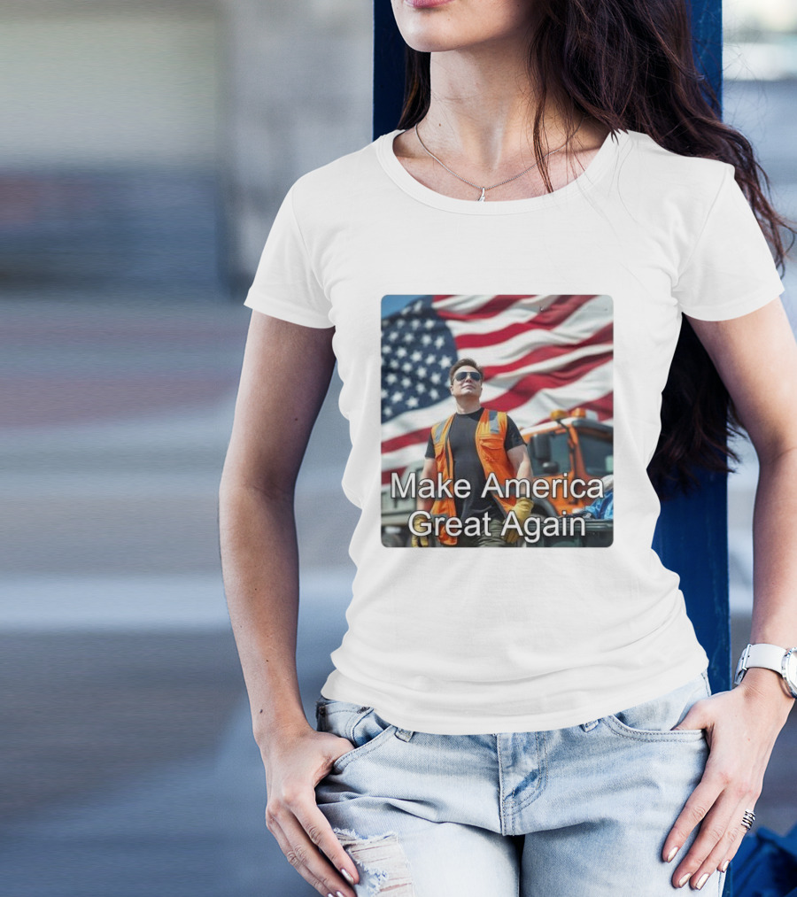 Make America Great Again Elon Musk In Orange Vest With American Flag Background T-Shirt