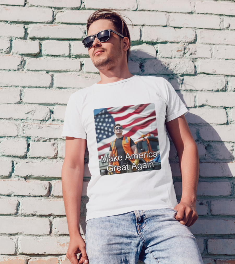 Make America Great Again Elon Musk In Orange Vest With American Flag Background T-Shirt