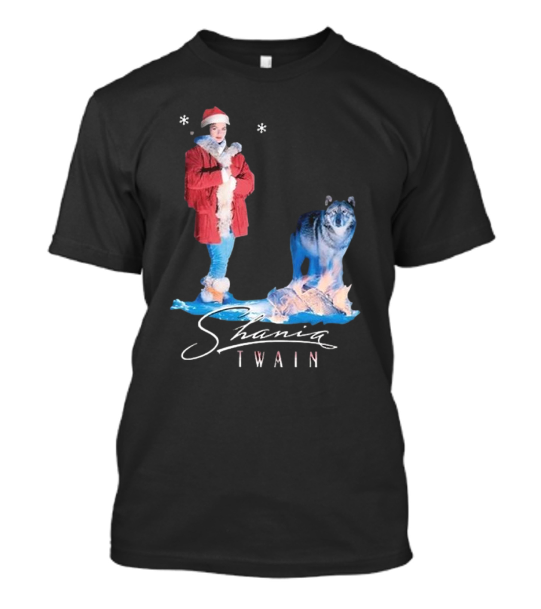Shania Twain Holiday Santa Wolf Winter Scene T-Shirt