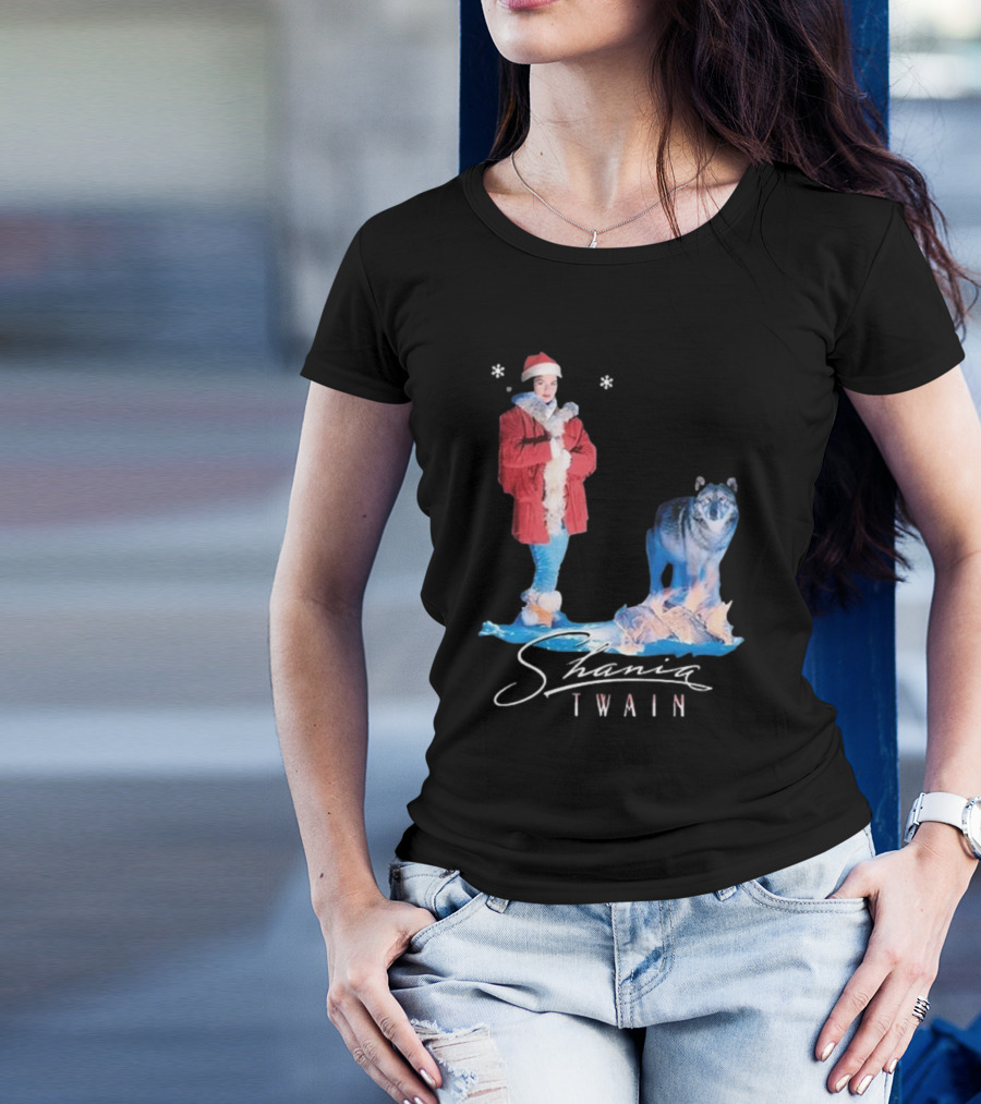 Shania Twain Holiday Santa Wolf Winter Scene T-Shirt
