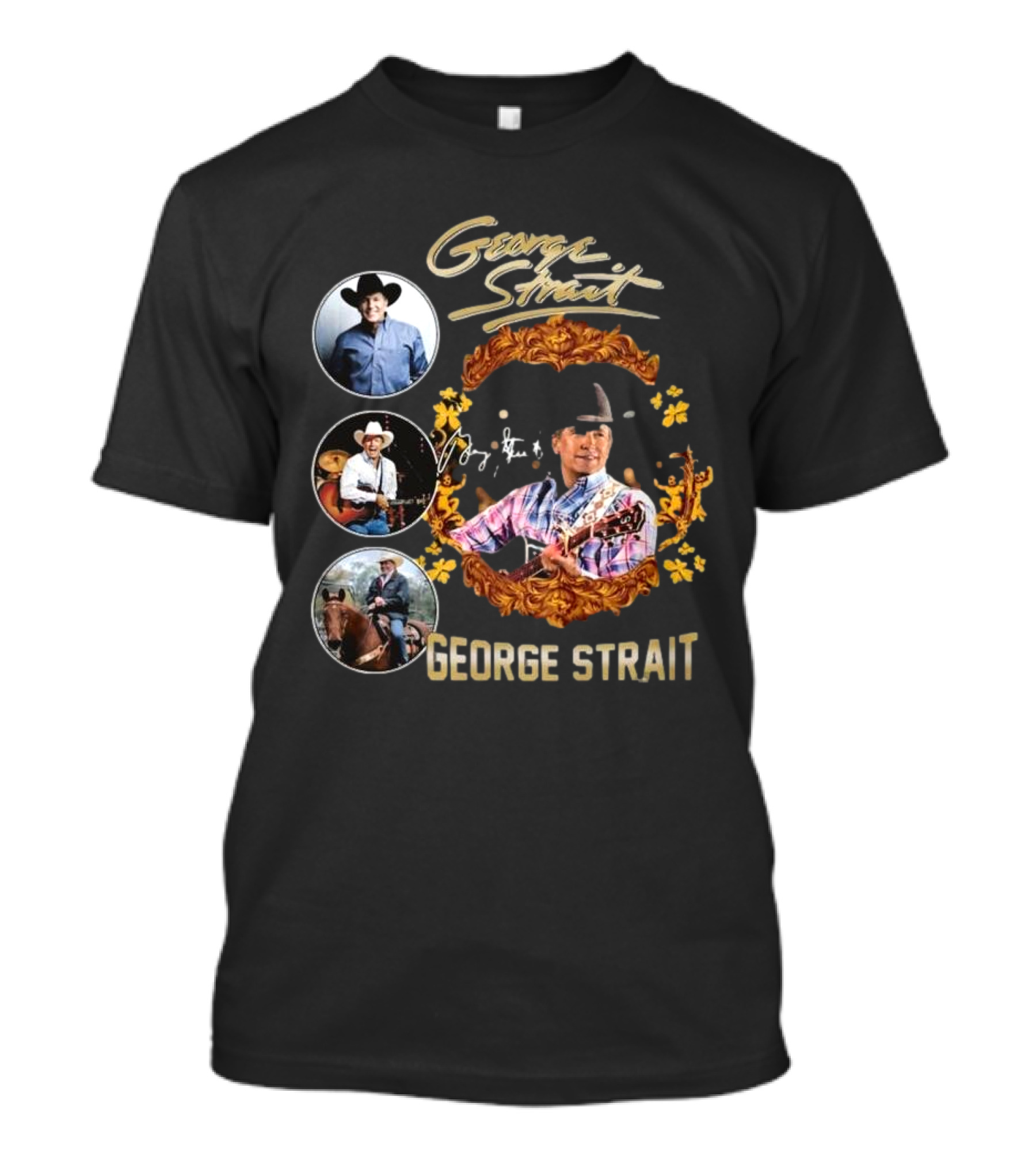 George Strait American Country Music Singer Signature Collage With Cowboy Hat And Guitar T-Shirt