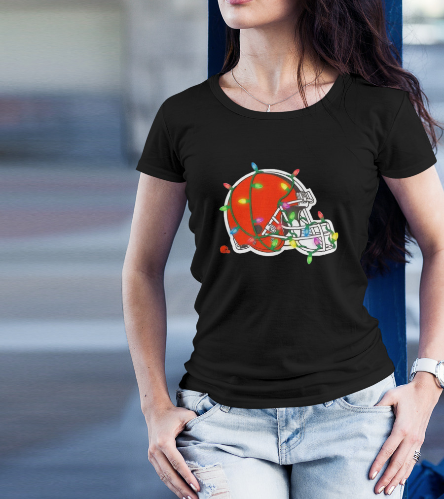 Cleveland Browns Helmet Wrapped In Holiday Lights T-Shirt