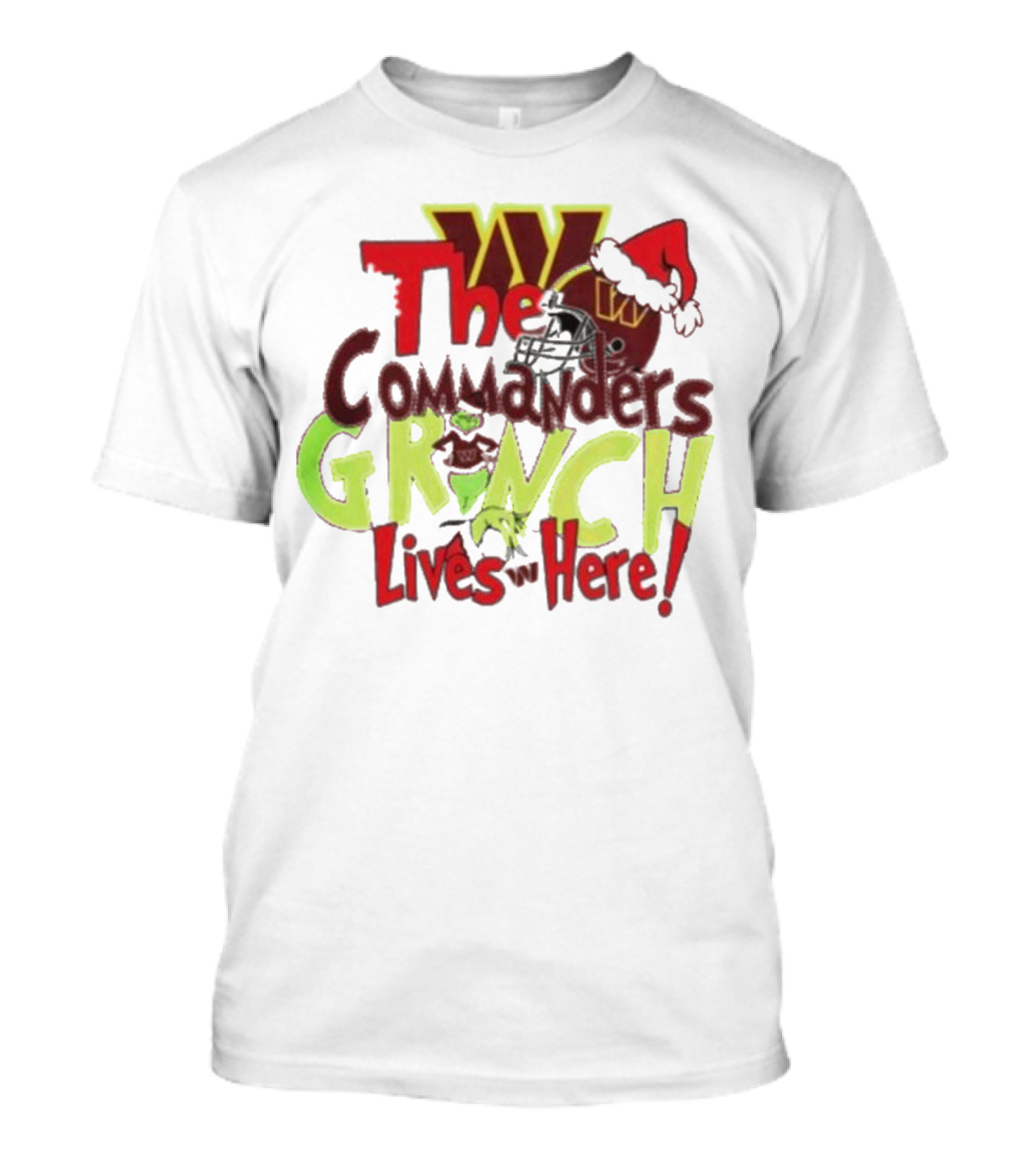The Washington Commanders Grinch Lives Here Christmas 2024 Santa Hat Football Helmet T-Shirt