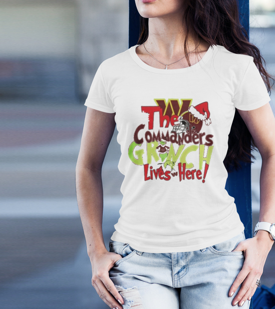 The Washington Commanders Grinch Lives Here Christmas 2024 Santa Hat Football Helmet T-Shirt