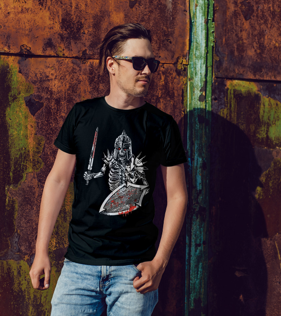Gatecreeper Bloody Skeleton Warrior With Blood-Soaked Sword And Shield T-Shirt